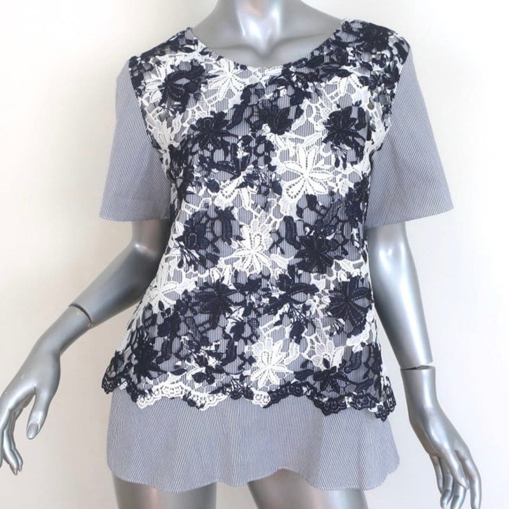THAKOON ADDITION LACE OVERLAY TOP BLUE STRIPED COTTON SIZE 2 SHORT SLEEVE BLOUSE